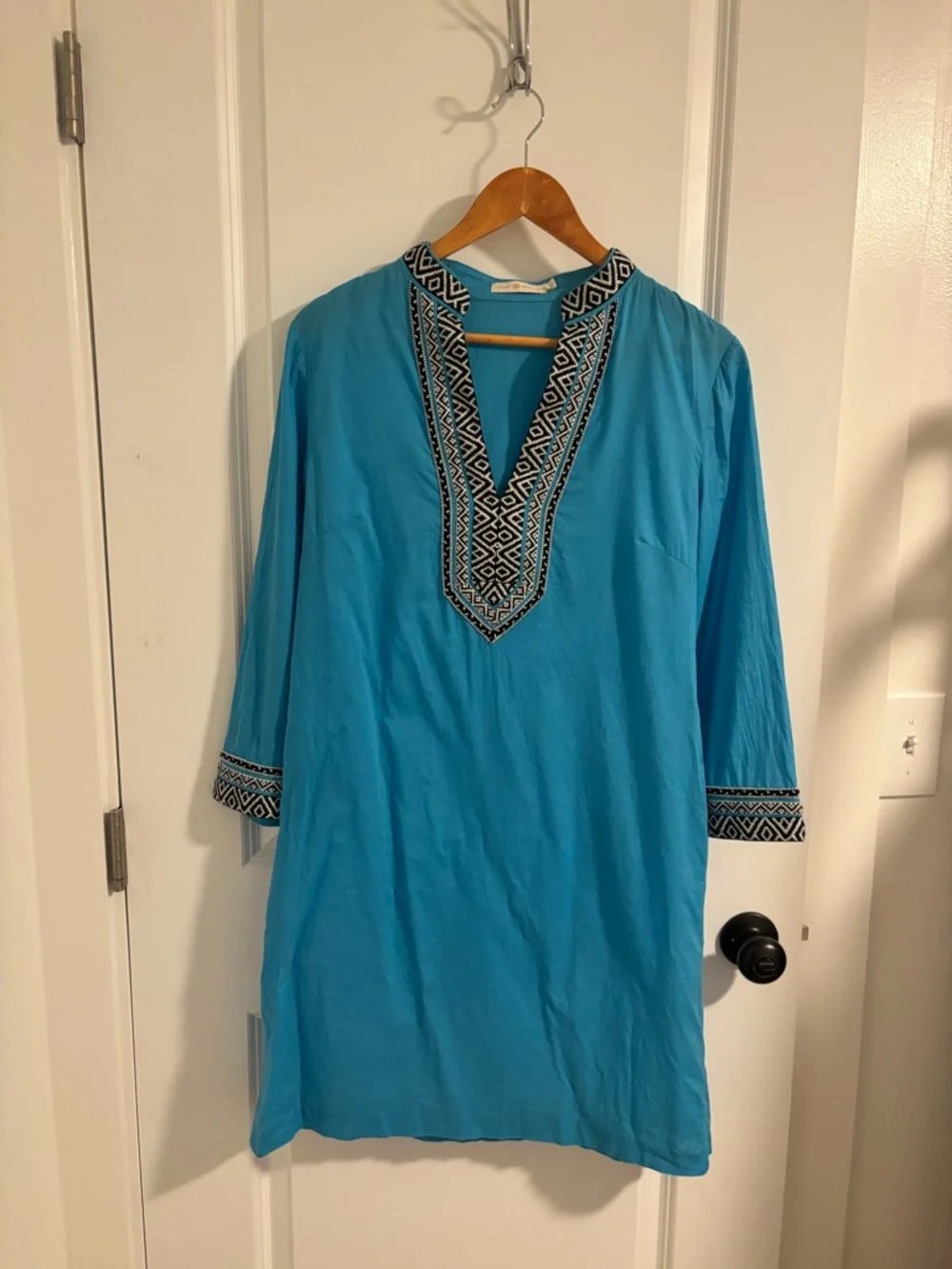 TORY BURCH Blue Cotton Embroidered Tunic Mini Dress Size 8